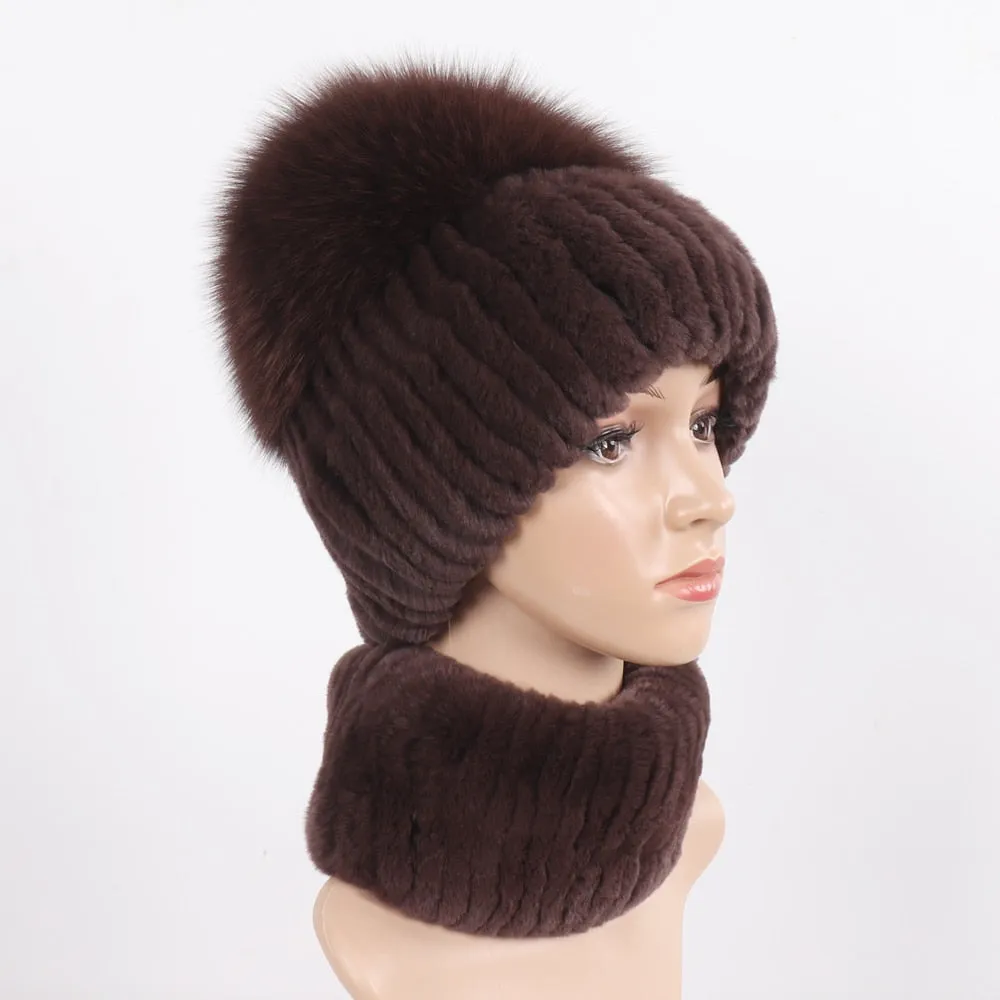 Women Winter Luxury Real Rex Rabbit Fur Hat Scarf 2 Pieces Knitted Rex Rabbit Fur Hat Top Natural Fox Fur Cap Scarves Sets