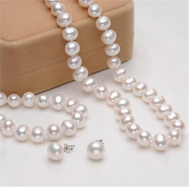 Women's AA Grade 7mm White Freshwater Pearl Necklace Bracelet and Earrings Set