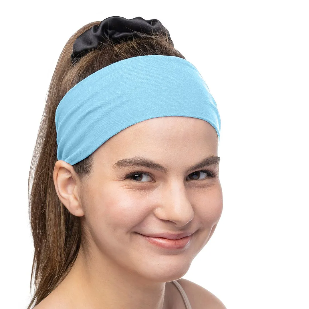 Women's Headbands Cotton Jersey 3" Wide Yoga Fitness Fashion Made in the USA Blue Light